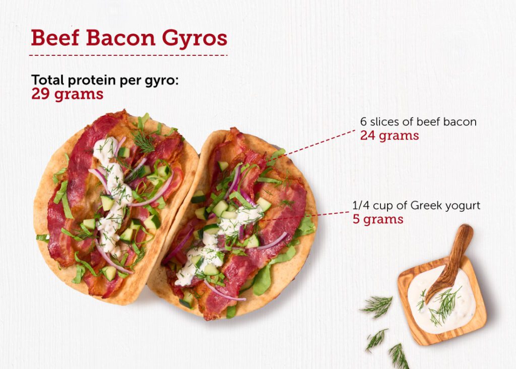 Bird's eye view of beef bacon gyros recipe.