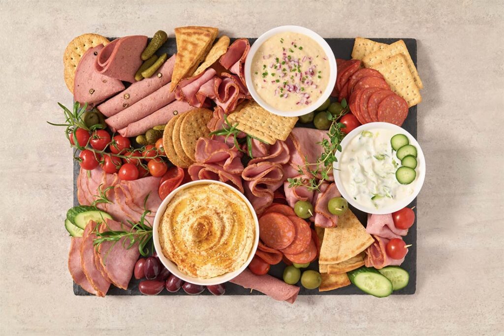 Bird's eye view of turkey bacon on charcuterie board