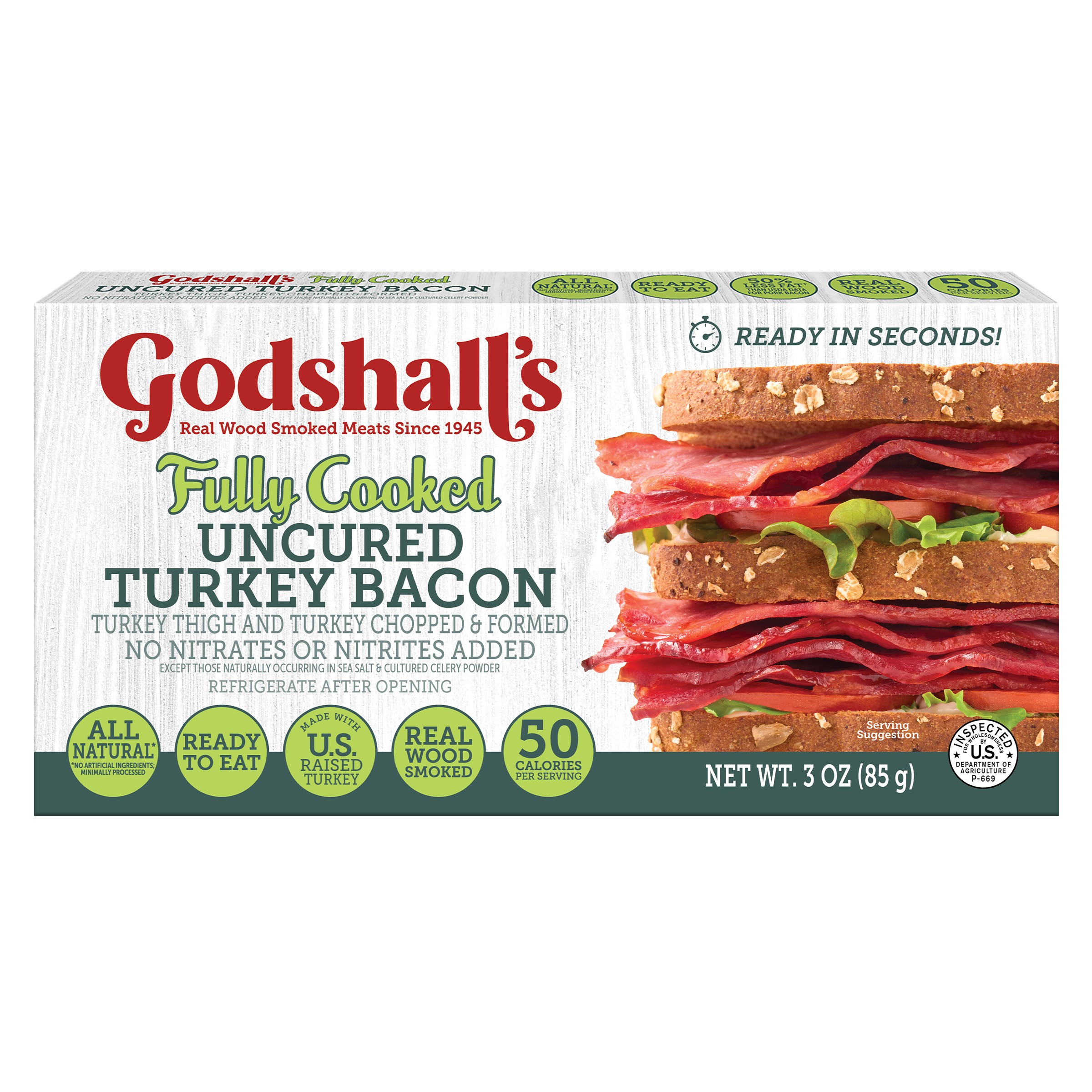 Godshalls 3oz FullyCooked UncuredTurkeyBacon Front