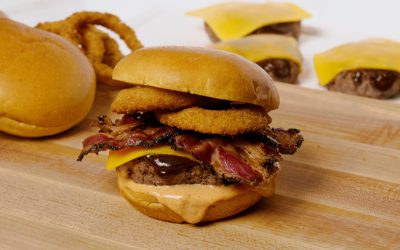 BBQ Peppered Beef Bacon Cheeseburger with Onion Rings